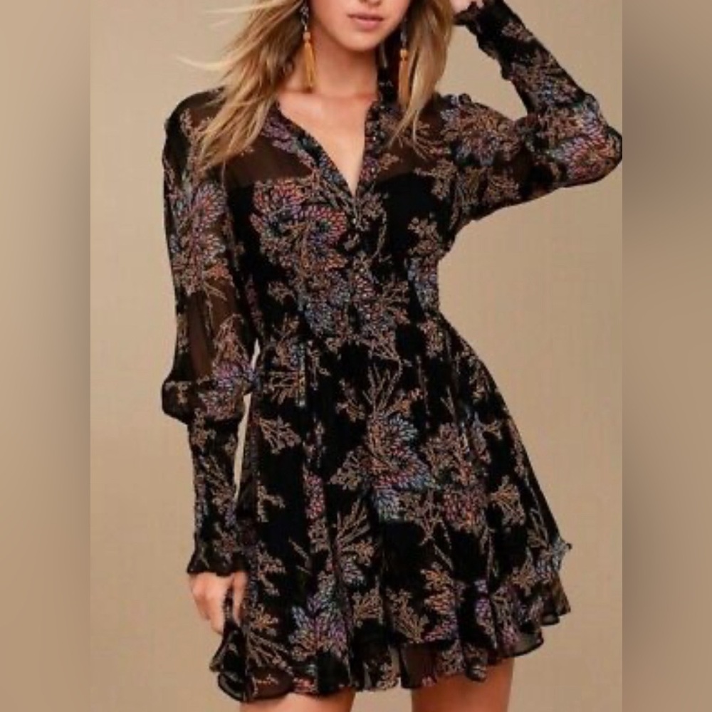 NWT Free People Black Floral Smocked Ruffle Mini Dress Tunic XS $128